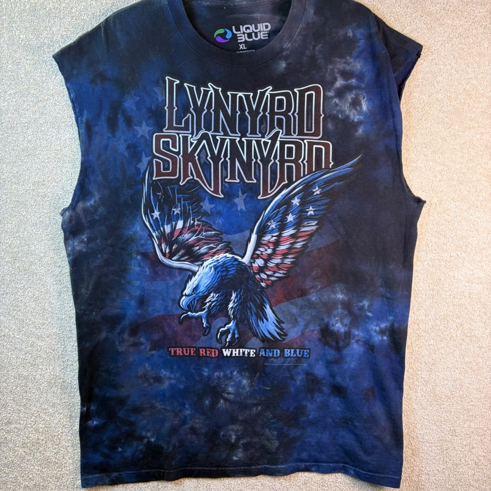 Lynyrd Skynyrd Liquid Blue *Cut Off T Shirt Mens XL Blue Tie Dye Eagle 2014 Band